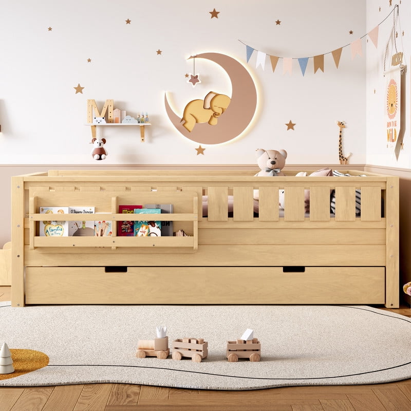 Bellemave Twin Bed with Trundle and Small Stairs, Twin Size Platform Bed Frame with Rail and Bookshelf, Wooden Montessori Floor Bed No Box Spring Needed,Light Natural