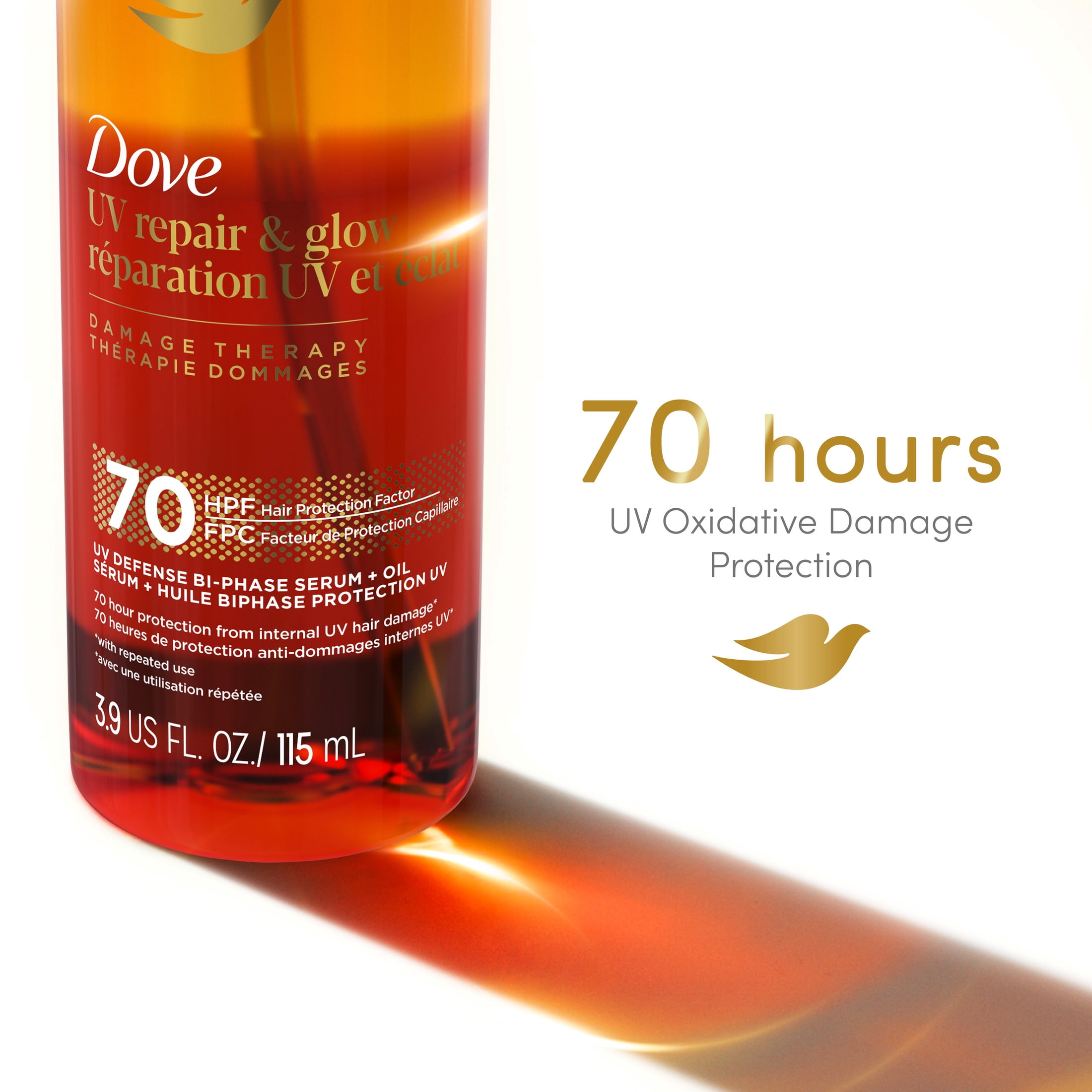 Dove Damage Therapy Defense Bi-Phase Serum + Oil for 70H Protection UV Repair & Glow with Ferulic Serum, 3.9 fl oz