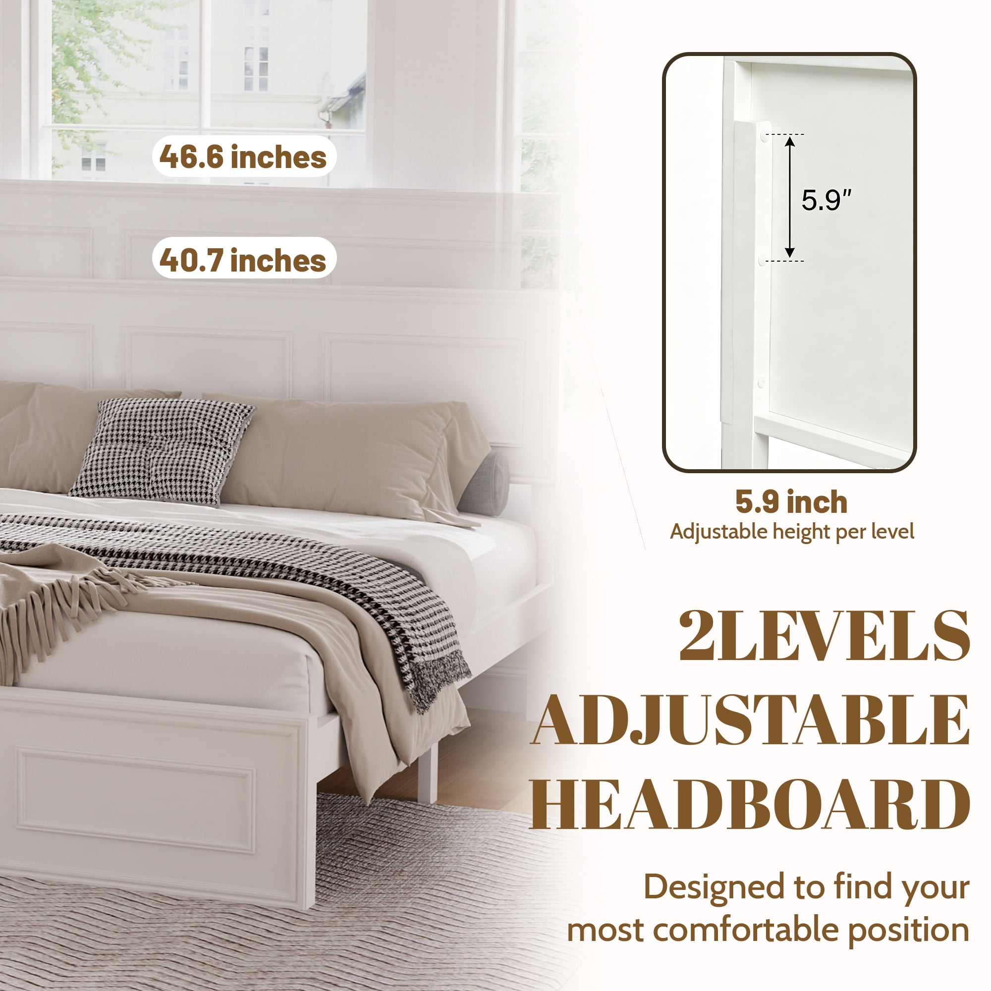 Queen Bed Frame with Adjustable Height Headboard and Geometric Panel Design, Wood Platform Bed and Mattress Foundation with Strengthened Frame, White