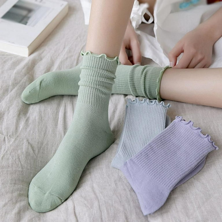 Women Ankle Socks Knit Lace Ruffle Socks Solid Color Casual Socks