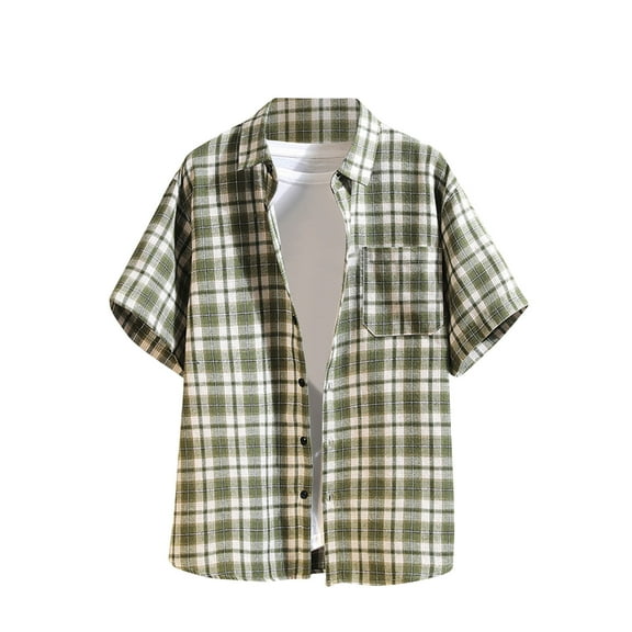 Generic Mens Short Sleeve Button Down Shirt Plaid Button Up Shirts Casual Work Shirts