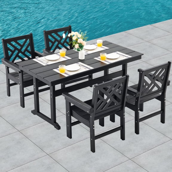 HDPE Dining Table Set for 4,5-Piece Outdoor Table and Chairs Include 4 Dining Chairs and 62.5" Patio Dining Table with Umbrella Hole (Black)