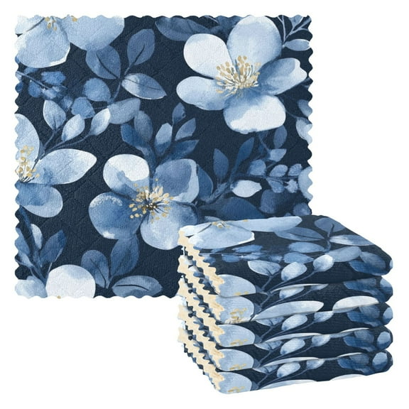 6 Pieces of Kitchen Towels 11x11Inch Kitchen Dish Cloths Kitchen Dish Towels Reuseable Cleaning Cloths Dark Blue Flower
