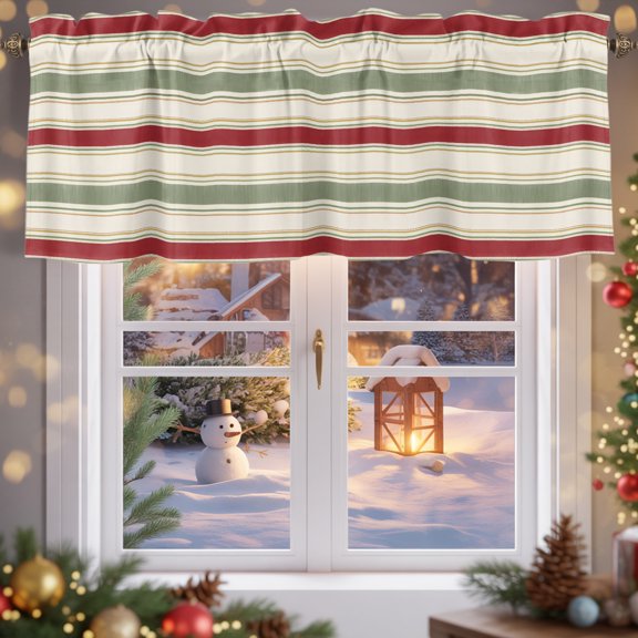 Kitchen Valances for Window, Rustic Green Red Stripes Light Filtering Rod Pocket Valance Curtain, Modern Minimalist Line on Beige Short Curtains Window Topper for Bedroom 42x18in