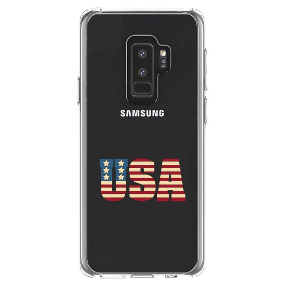 DistinctInk Clear Shockproof Hybrid Case for Samsung Galaxy S9  PLUS (6.2" Screen) - TPU Bumper Acrylic Back Tempered Glass Screen Protector - USA Letter Art Flag Red White & Blue