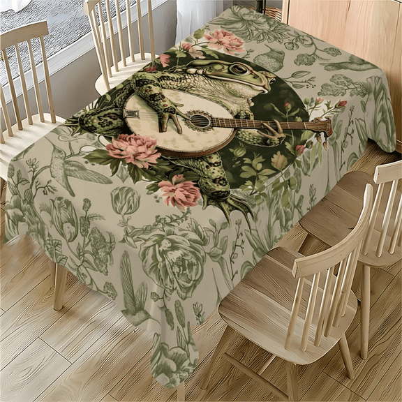 Frog Mandolin Floral Tablecloth 55x77.1 Inches - Vintage Art Design for Dining, Desk, Party, Outdoor Use