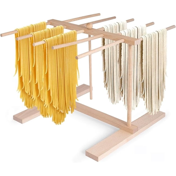 Wood Pasta Drying Rack - Collapsible Fresh Pasta Drying Stand with Transfer Wand and 10 Bars, Large Noodle Dryer Hanger for Homemade Spaghetti, Tagliatelle & Fettuccine