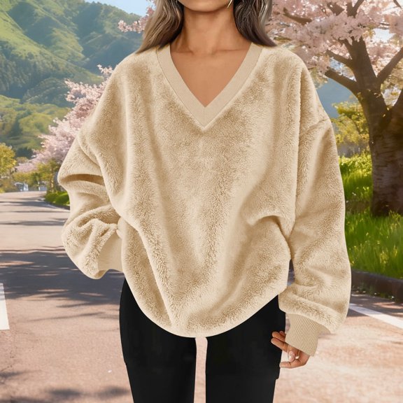 UQJfacai Womens Sweatshirt Double Fuzzy Fleece Soft Winter Warm V Neck Pullover Sweater Cozy Oversized Long Sleeve Casual Tops