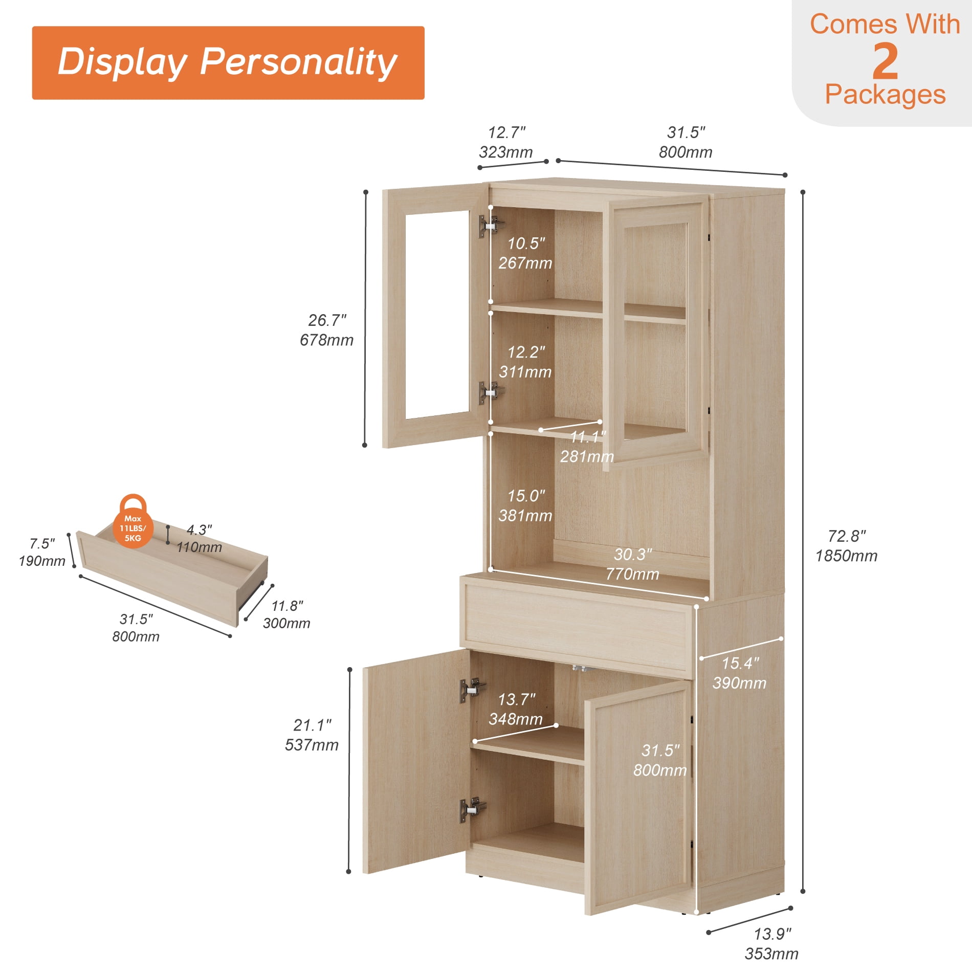 Modern Wood Sideboard Buffet with Glass Doors, Drawers & Adjustable Shelves, 72" Tall Glass Display Storage Cabinet,Beige