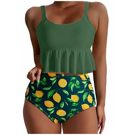 Atogsazn Womens Tankini Swimsuits Ruffled Tank Top Tummy Control Floral Modest Swimwear High Waisted Bikini 03-Army Green S on Clearance