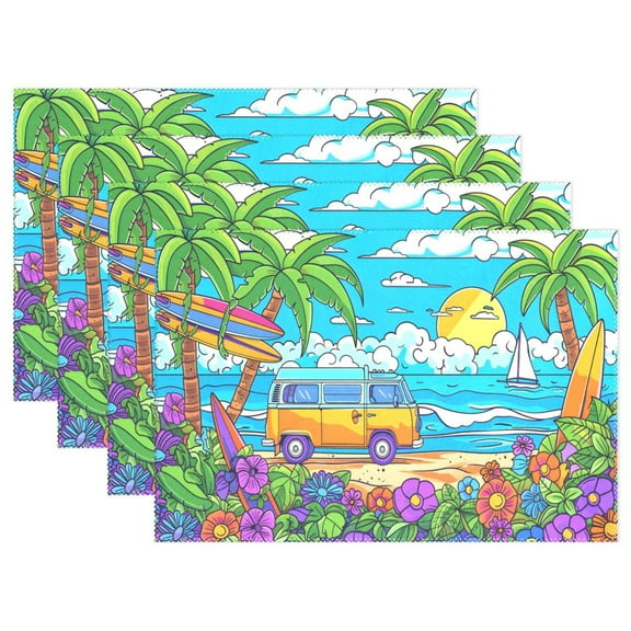 Ryvnso Placemats Set of 4 Cartoon Summer Beach Dining Mats Heat-Resistant Non-Slip Washable Table Mat