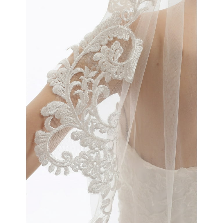 EllieWely 1 Tier Fingertip Length 90 cm(35 inch) Lace Edge Wedding Bridal  Veil With Metal Comb L69