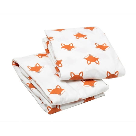 Bacati - Playful Foxs Orange/Gray 100% Cotton Percale Crib/Toddler Bed Fitted Sheets, 2-Pack