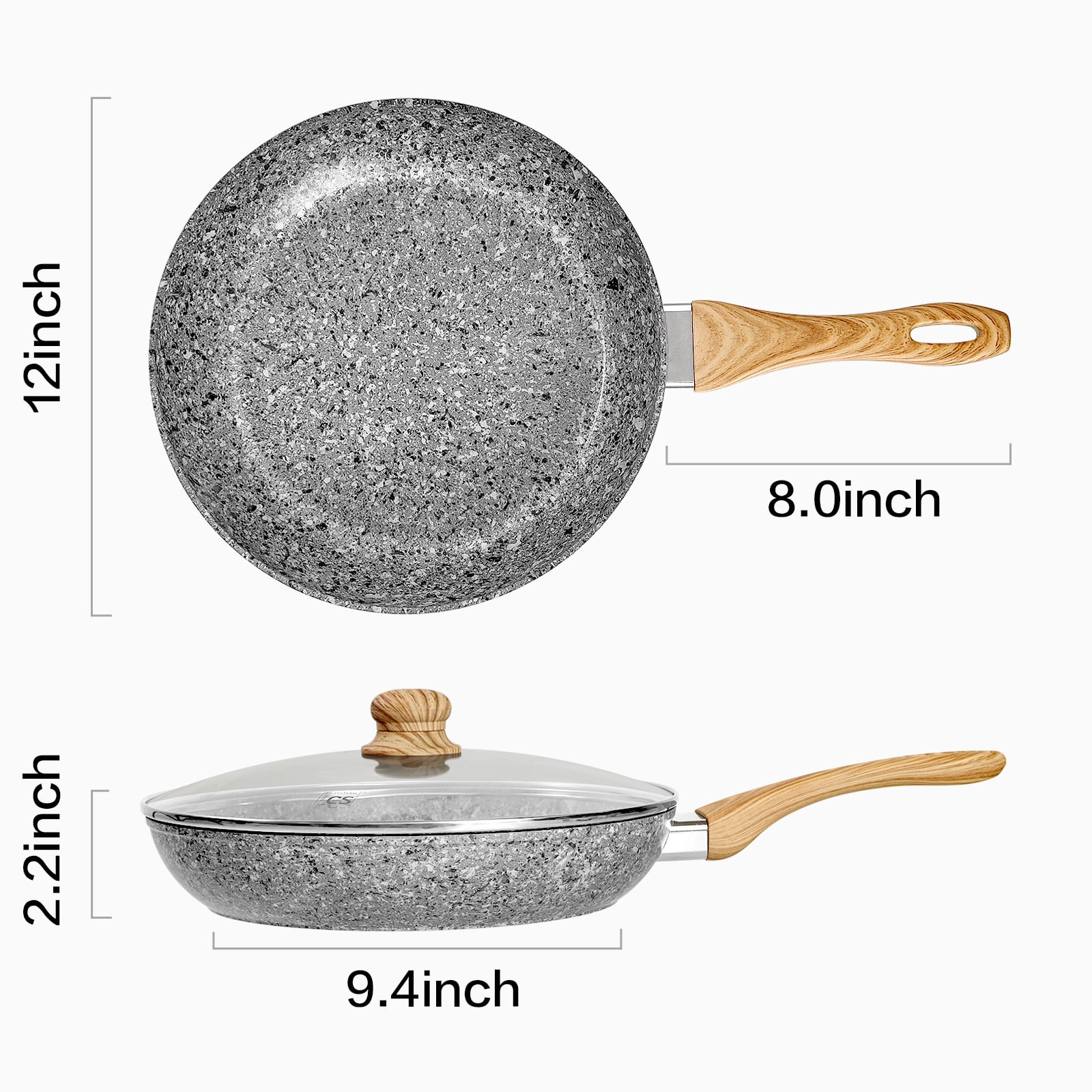 Koch Systeme CS 12" Grey Non-stick Granite Stone Frying Pan with Lid, Oven Safe & All Stovetop Compatible