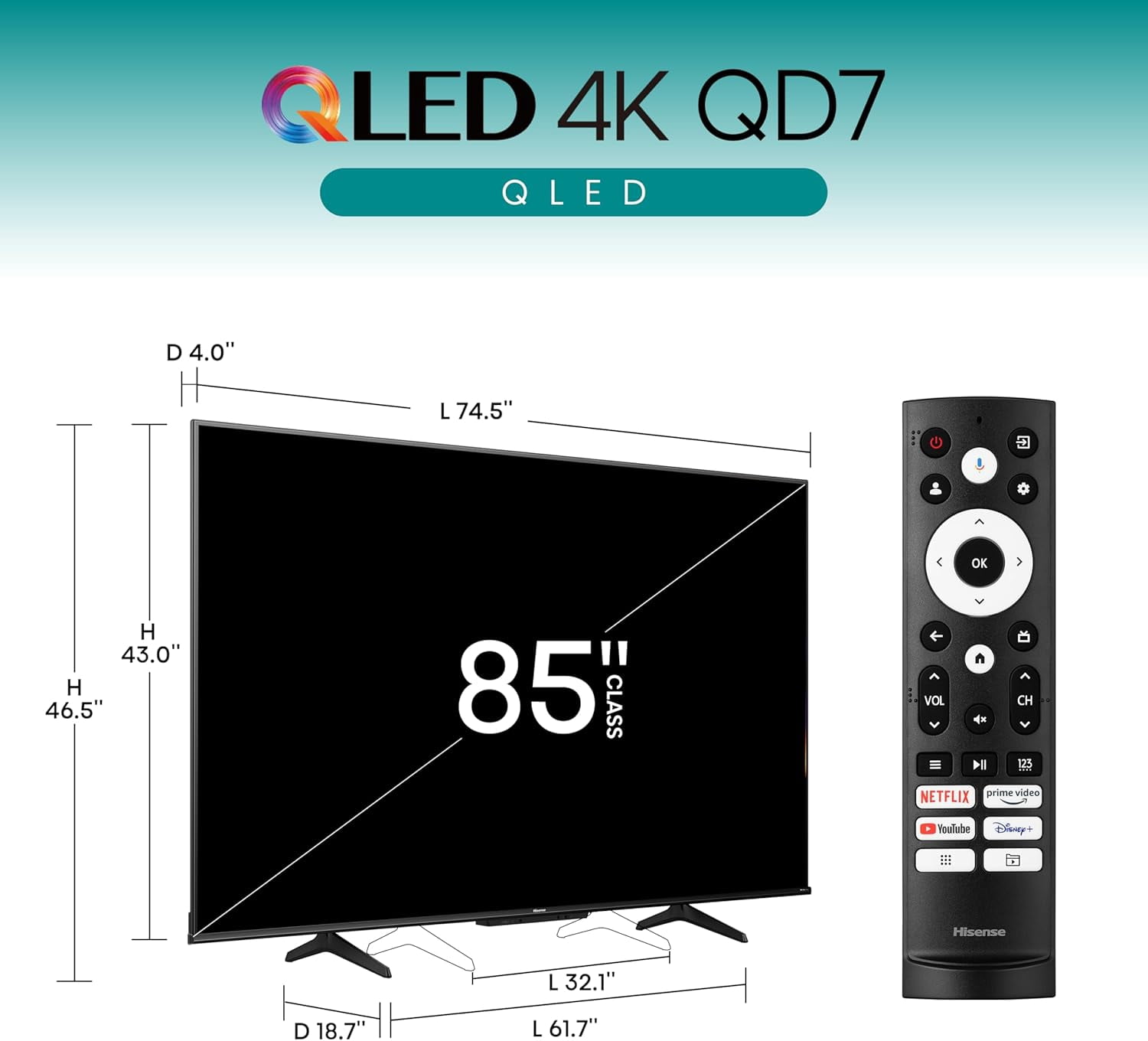 Hisense 85-Inch Class QD7 Series QLED 4K UHD Google Smart TV (85QD75N) - QLED, Native 144Hz, Motion Rate 240, Direct Full Array, Game Mode Pro, Alexa Compatibility, 3-Year Manufacturer's Warranty