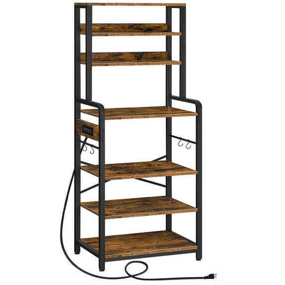 HOOBRO Bakers Rack with Power Outlet, 68.1inch Height Microwave Stand with 4 S-Shaped Hooks, 7-Tier Kitchen Storage Shelf Rack, Coffee Bar, for Kitchen, Living Room, Rustic Brown BF06HB01