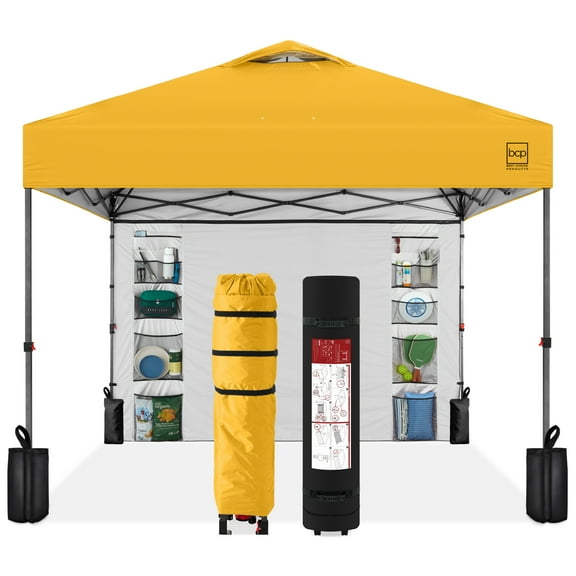 Best Choice Products 10x10ft Easy Setup Pop Up Canopy, Portable Tent w/ Side Wall, 1-Button Push, Case - Marigold