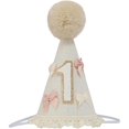 thumbnail image 1 of wonima02 First Birthday Party Hat, White with Gold Number 1, Pink and Ivory Bows, Pom Pom Topper, 1 of 1