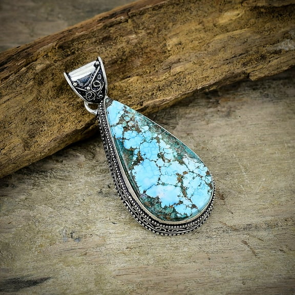 Tibetan Turquoise Gemstone Handmade 925 Sterling Silver Pendant 2.36"