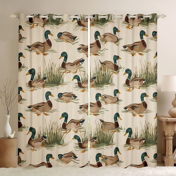 Homewish Retro Mallard Black Out Curtains,Rustic Farmhouse Cabin Curtains Pack of 2 (42x63 Each),Brown Green Bedroom Curtains For Kids,Super Cozy Room Decor