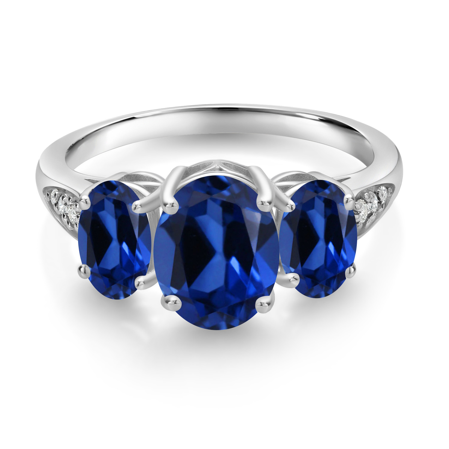 Gem Stone King 10K White Gold Blue Created Sapphire and White Lab Grown Diamond 3 Stone Engagement Ring for Women (2.84 Cttw, Gemstone Birthstone, Available in Size 5, 6, 7, 8, 9)
