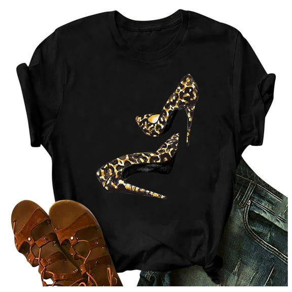 Ichuanyi Womens Tops, Summer Women's Fashion High Heels Print Tops Short Sleeve T-Shirt Casual Blouse