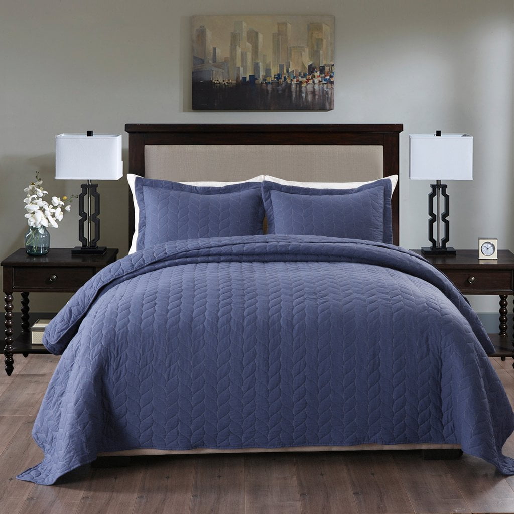 Marcielo 3 Piece Lightweight Bedspread, Navy Blue Queen Bedspreads