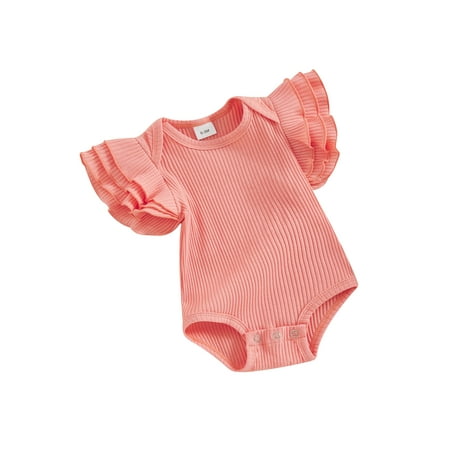 

Biekopu Baby Girls Rompers Solid Color Crew Neck Three Layered Fly Sleeve Infant Bodysuits Summer Clothes Ribbed Knit Jumpsuits