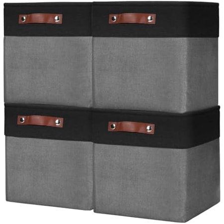 Collapsible Fabric Storage Cubes 11x11 Cube Storage Bins 4 Pack Closet Baskets Box with Handles for Organizing Shelf Toys Clothes Home Office Nursery (Grey&Black)