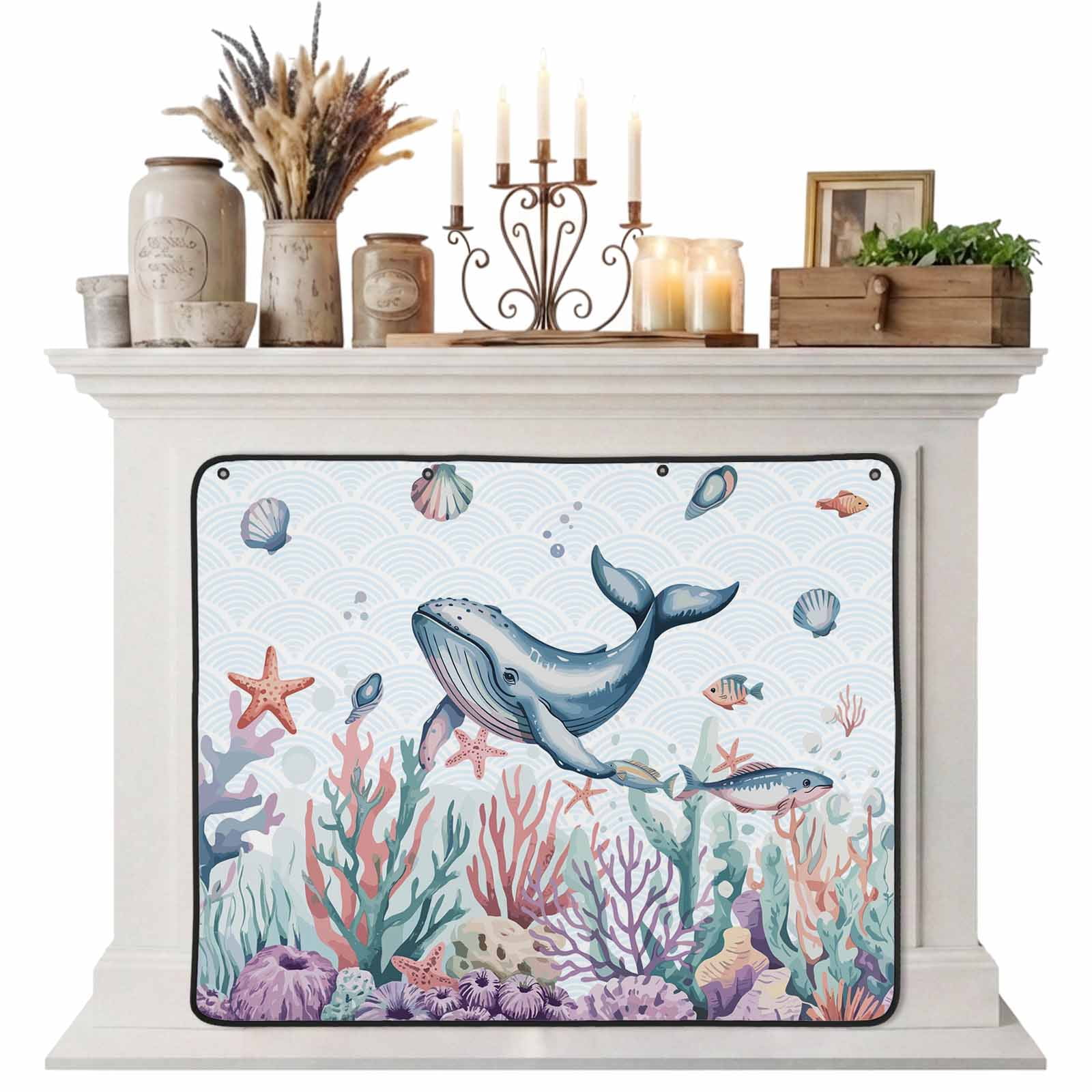 Magnetic Fireplace Cover Whale Coral Starfish Fireplace Screen Shell Ocean Marine Life Insulation Fireplace Blocker Blanket Save Energy Fireplace Draft Stopper Covers for Living Room 39x32