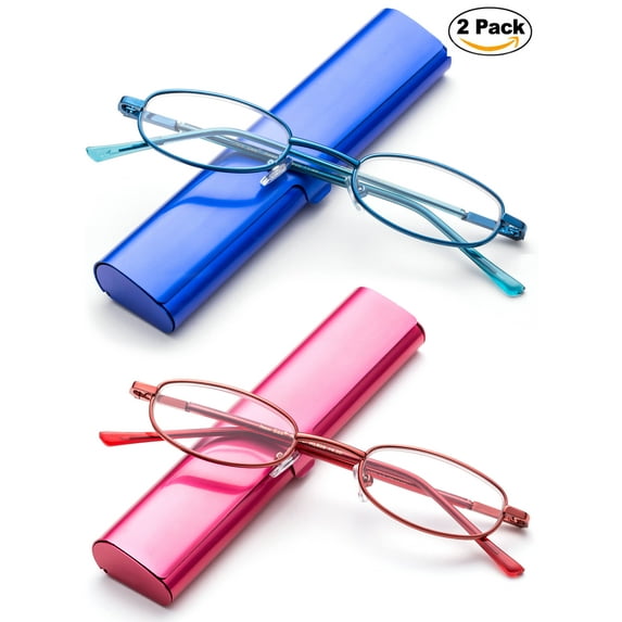 Newbee Fashion-Portable Compact Reading Glasses in Aluminum Case Metal Oval Shaped Reading Glasses with Spring Hinge in Portable Compact Case Lightweight Reader Slim Design Comfort fit