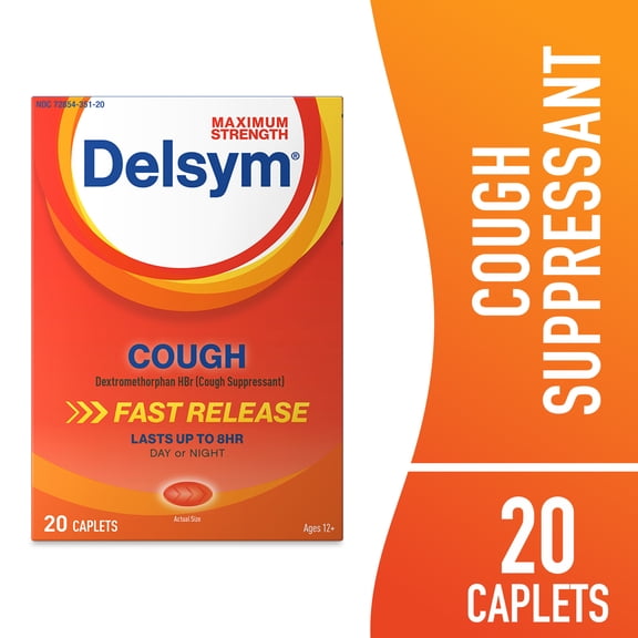 Maximum Strength Delsym Cough Suppressant, Fast Release Caplets, lasts up to 8 hour day or night, 20 count.