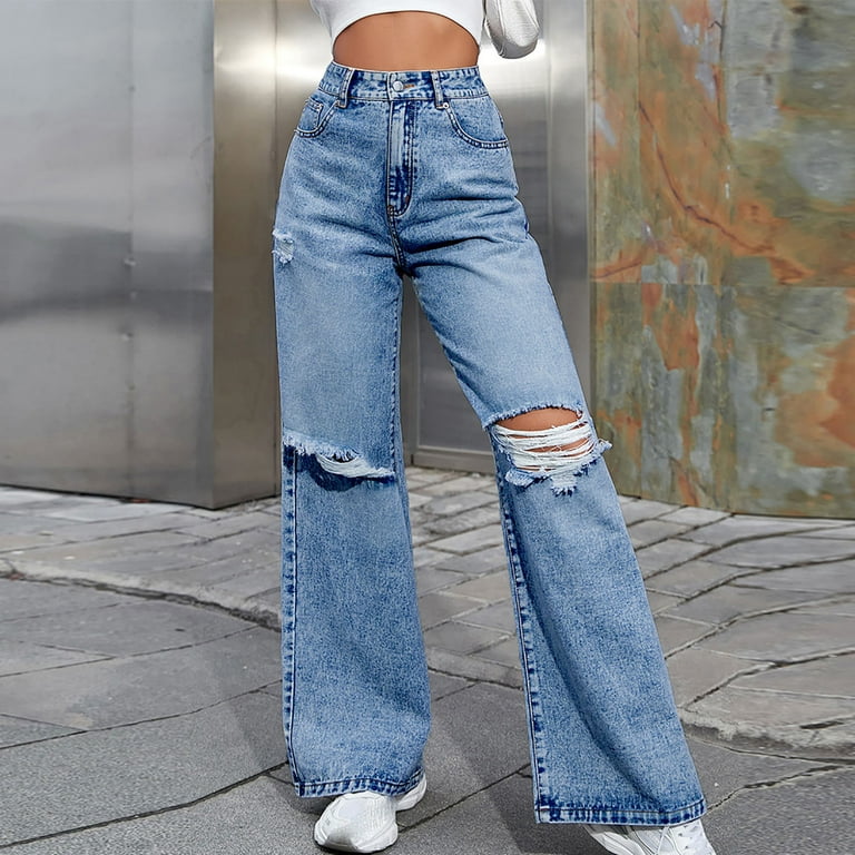 Gaecuw Jeans for Women Trendy Relaxed Fit Long Pants Button Up