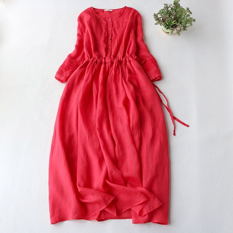 Vsssj Womens Vintage Cotton Linen Long Dresses Crew Neck Button Front Casual Lace-Up Dress Ruched 3/4 Sleeve Solid Color Long Midi Dress