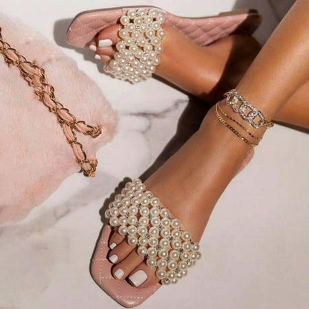 

NEWLIS Summer Slippers Comfortable Faux Pearls Casual Rhinestone Flat Slippers