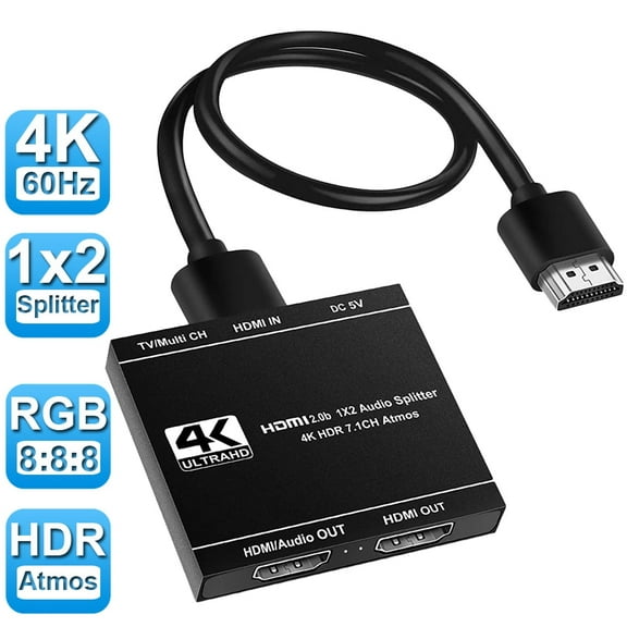 4K HDMI Splitter 1x2,AUBEAMTO HDMI 2.0 Splitter 1 in 2 out HDMI Audio Extractor HDR HDMI2.0 Splitter for PS4 Apple TV XBox PS5