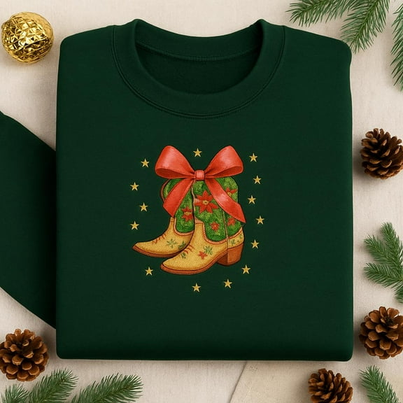 Embroidered Christmas Cowgirl Sweatshirt: Western Floral Boots, Coquette Xmas Gift
