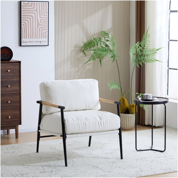 Modern Accent Chair with Plush Cushions and Wooden Armrests, Beige Fabric Upholstered Arm Chair for Living Room, Bedroom, Office