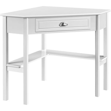 SEEKOL  Wood Triangle Computer Desk Corner Table with Large Drawer & Storage Shelves, 90 Degrees Writing Desk Laptop PC Table for Home Office, Study Workstation for Small Space, White
