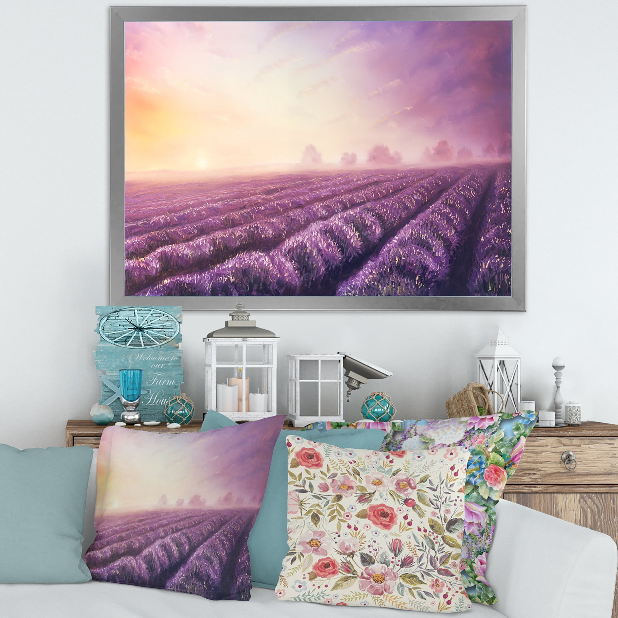 Lavender Fields During Sunrise 40 in x 30 in Framed Painting Canvas Art Print, by Designart