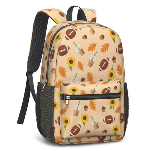 Football Coffee Cup Orange Pattern 17" Waterproof Oxford School Backpacks for Teens, S-Shape Padded Straps, for School, Travel, Hiking, Camping