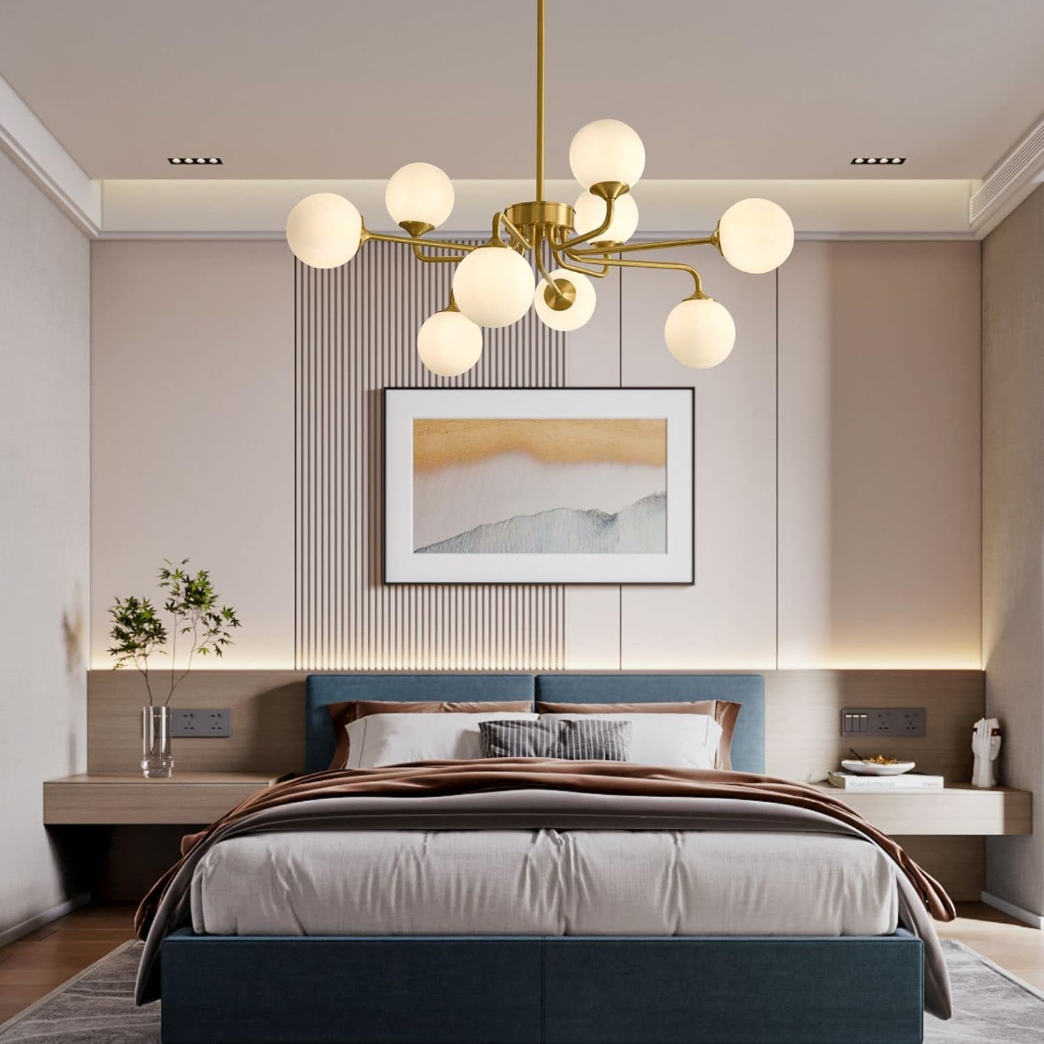 KCO Lighting 9 Light Mid Century Modern Gold Sputnik Chandelier, White Opal Glass Globe Pendant Light Fixture