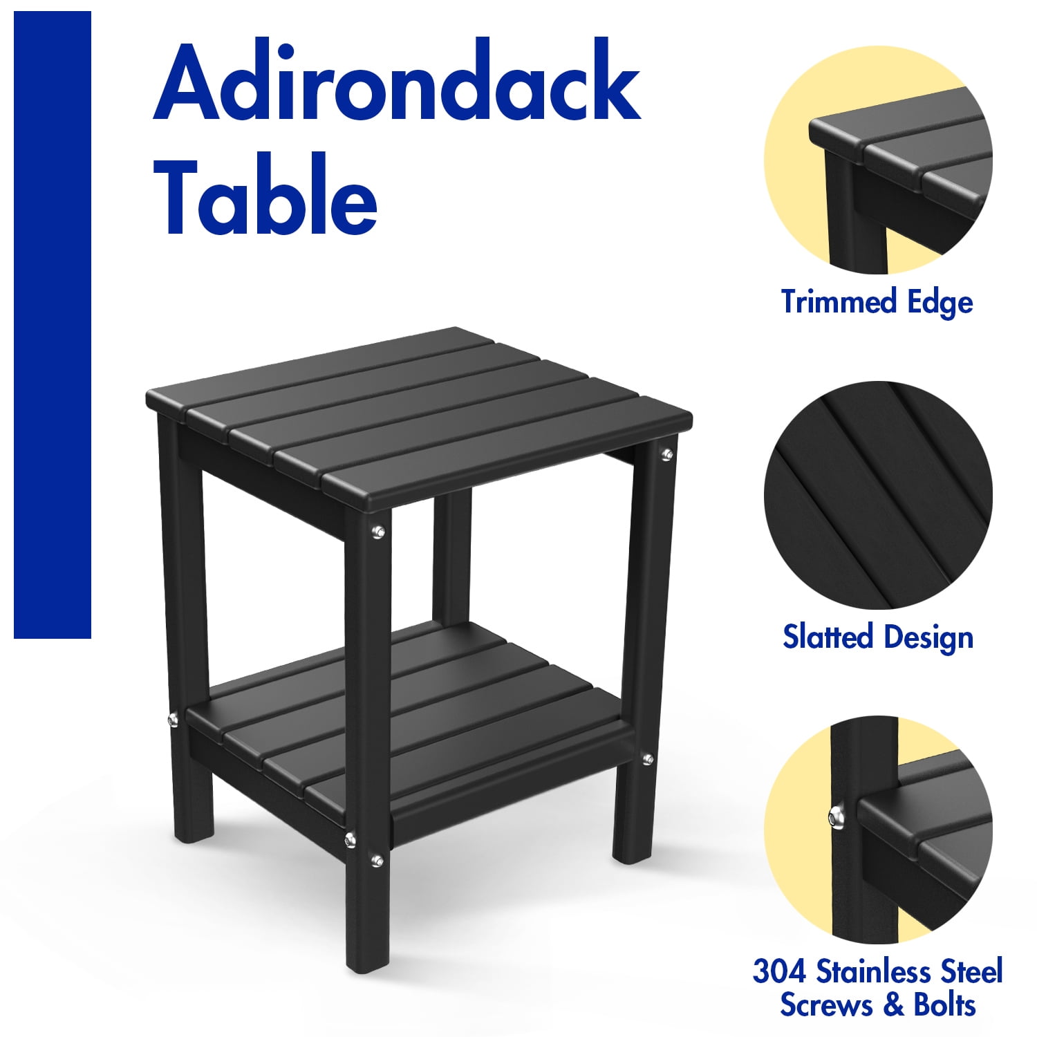 FODINGHILL 2-Tier Outdoor Side Table set of 2, HDPE All Weather Adirondack Patio Table with Storage Shelf, Outside End Table for Porch Backyard Indoor, Black