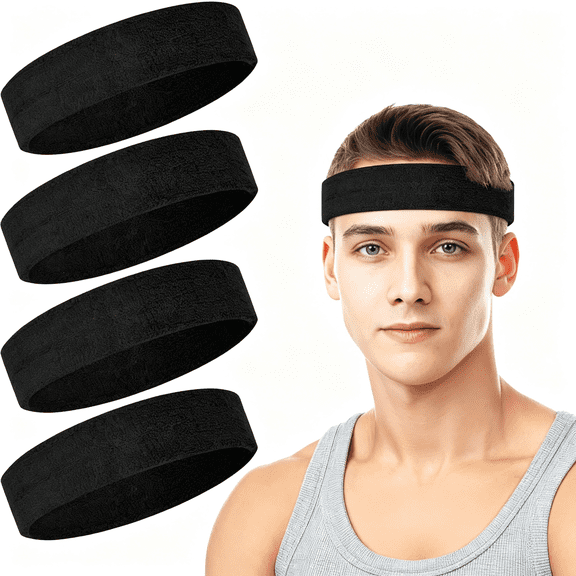 TUWAFE 4 Pack Cotton Terry Sweat Headbands,Sports Headband for Men&Women,Running,Tennis,Basketball,Gym Workout,Head Bands