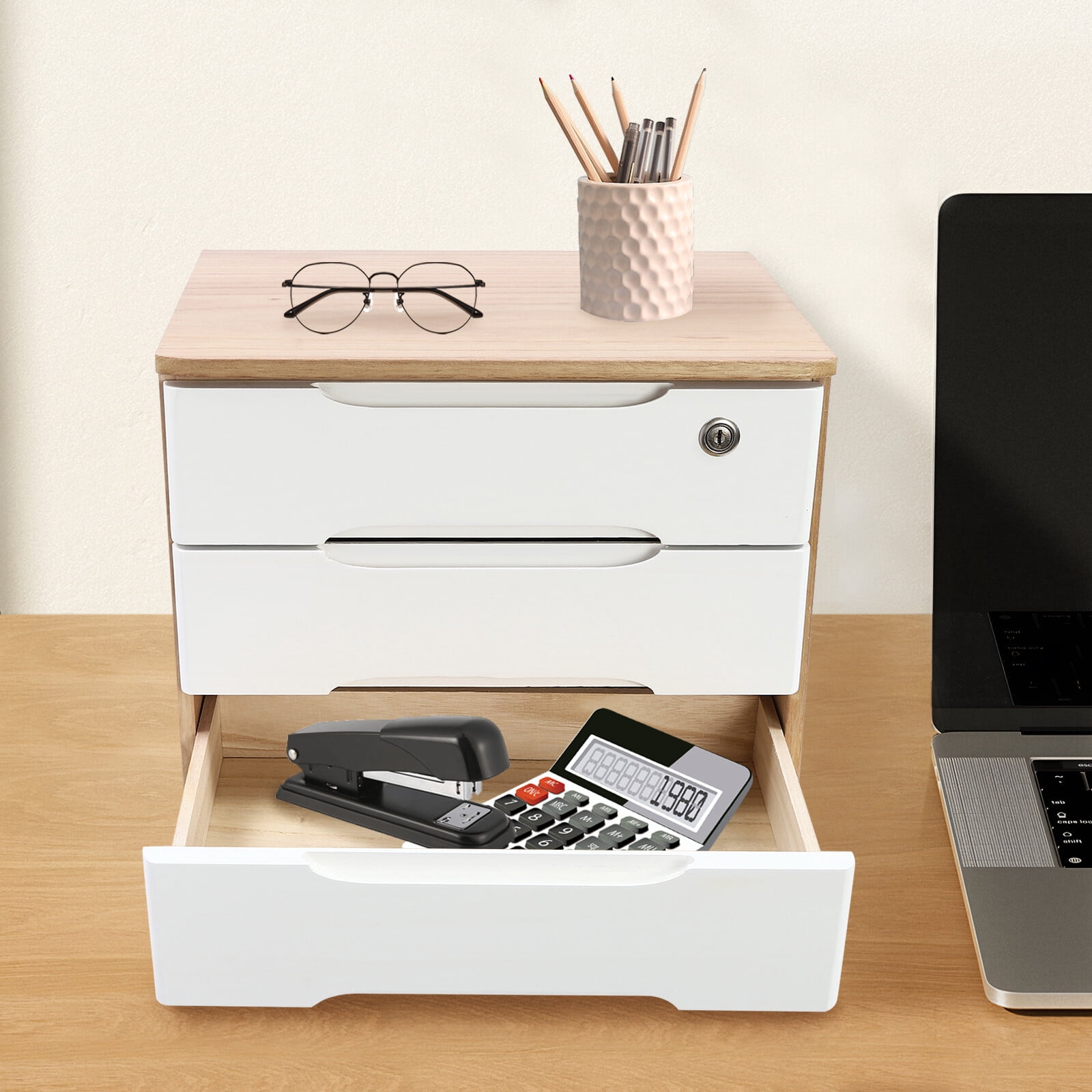 ToppiJoy 3-Tier Wooden Desktop Storage Box with Lockable Drawers, Modern Tung Wood Desk Organizer, Bamboo Storage with Keys (Wood Color, White)
