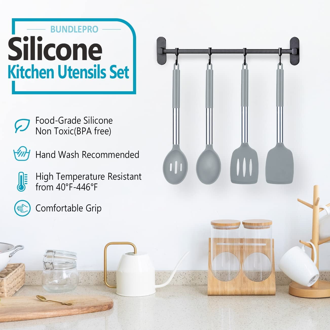 Bundlepro 4 Pack Silicone Home Kitchen Cooking Utensils Set,Solid Slotted Spatulas Spoons Set, Gray