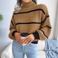 thumbnail image 4 of Womens Mock Neck Striped Chunky Knitted Sweater Winter Long Sleeve Pullover Sweaters Tops Khaki S, 4 of 7