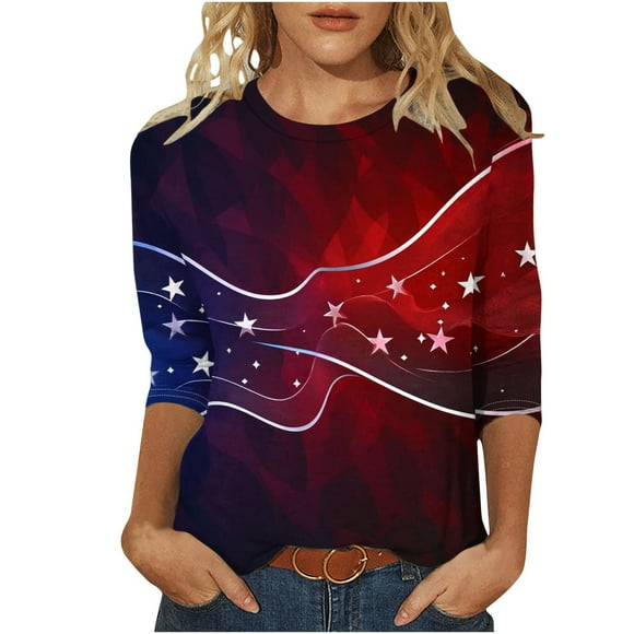 LMKIHUSA Womens 4th of July T Shirts Casual Dressy Summer 2025 Soft Tops 3/4 Length Sleeve Crew Neck Blouses Happy Independence Day Gifts for Women Vacation Tees Red,M