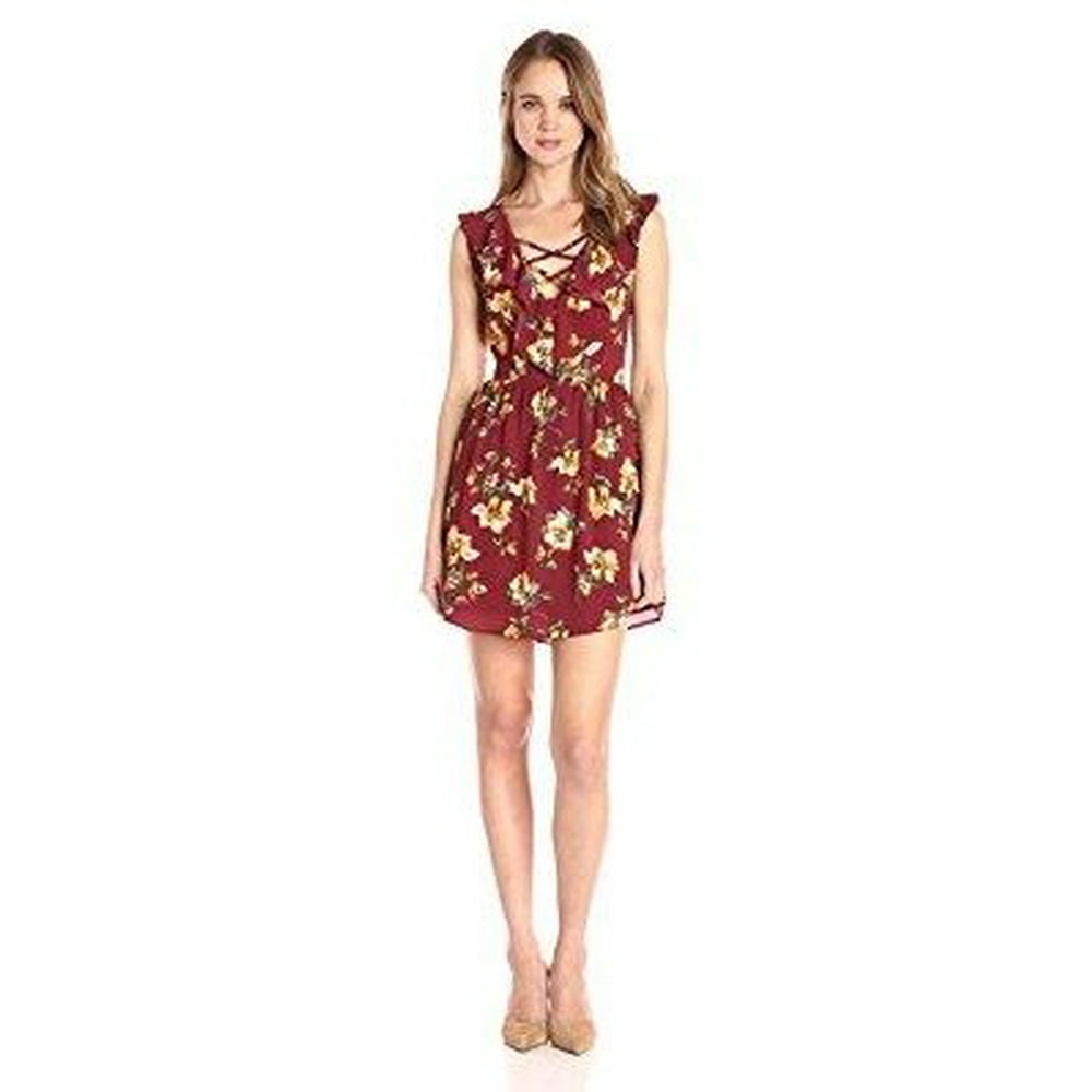 Blu Pepper blu pepper women's floral printed lace up dress, burgundy