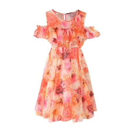 

Girl s Casual Dress Summer Scoop Neck Short Sleeve Flowy Floral Print Plain Sundress for 5-6 Years